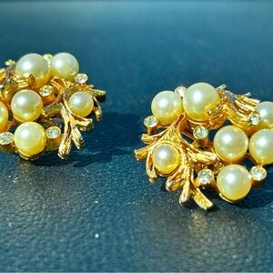 TRIFARI Branch Twig Faux Pearl & Rhinestone Earrings Signed Designer Jewelry VTG